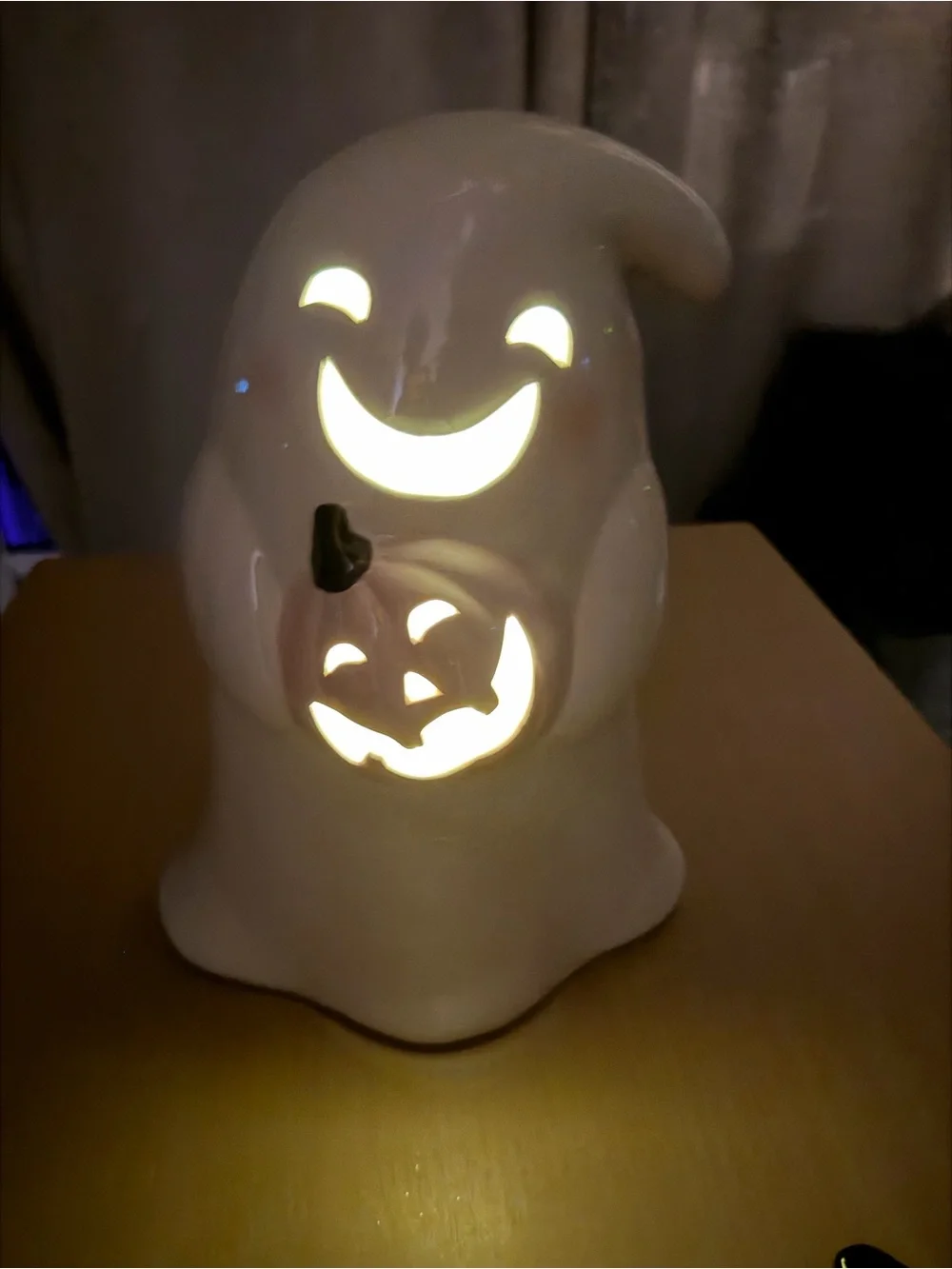 Lighted Ceramic White Ghost with Pink Pumpkin Halloween Accent
